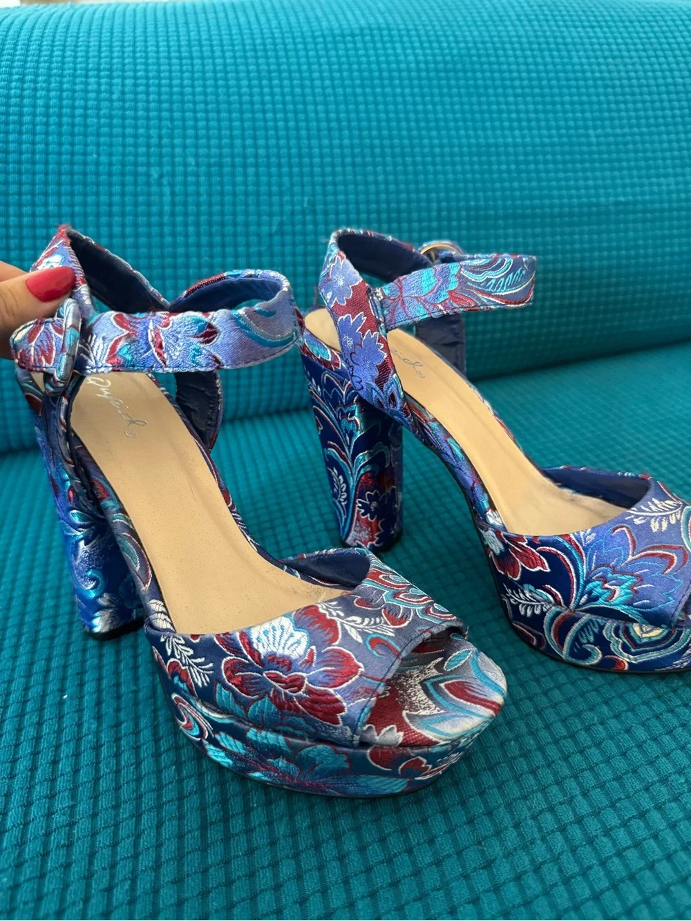 Blue Floral Brocade Platform Heels Ankle Strap Chunky Y2K